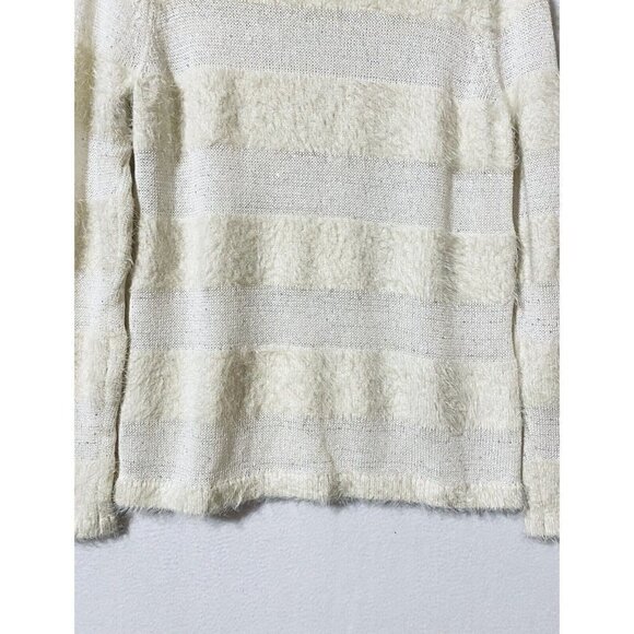 LOFT Womens Large Striped Sequin Eyelash Knit Sweater Ivory White Wool Boho - Picture 3 of 8
